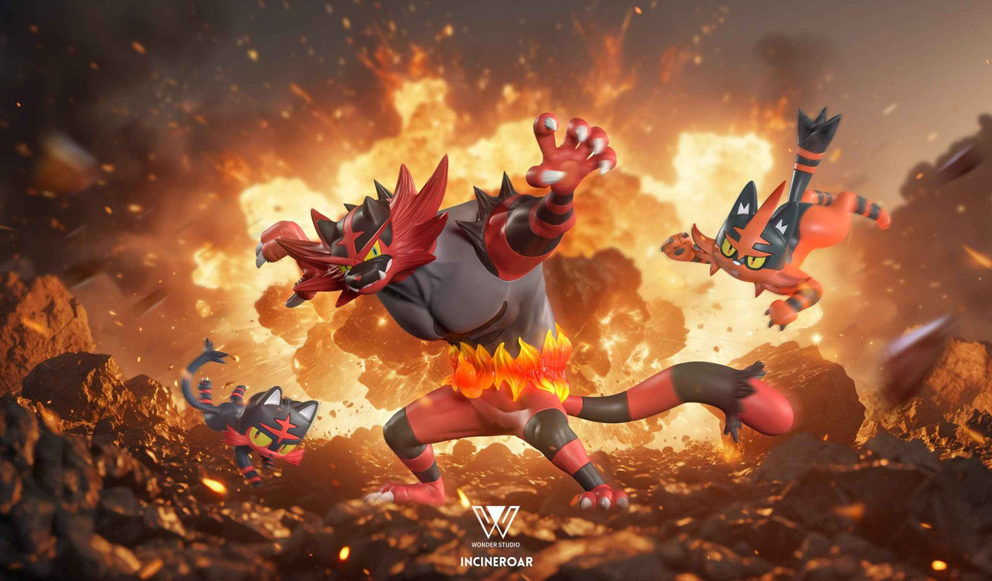 Pokémon ~ Wonder Studio ~ Incineroar Evolution Group ~ Resin Statue - Santoryu Resins Collectors