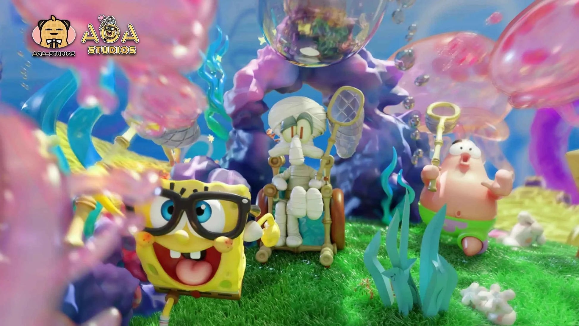 SpongeBob Aoa Studio SpongeBob & Squidward Tentacles & Patrick Star Jellyfish Field WCF Resin Statue
